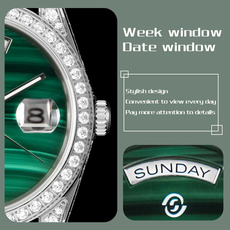 Start Малахитовые мужские часы с бриллиантами, функция даты, автоматические механические часы, пряжка-бабочка, ремешок из кожи аллигатора