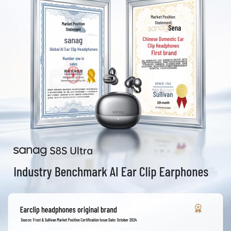 SANAG S8S Ultra Наушники-клипсы для ушей с ИИ-переводчиком, спортивные Bluetooth-наушники