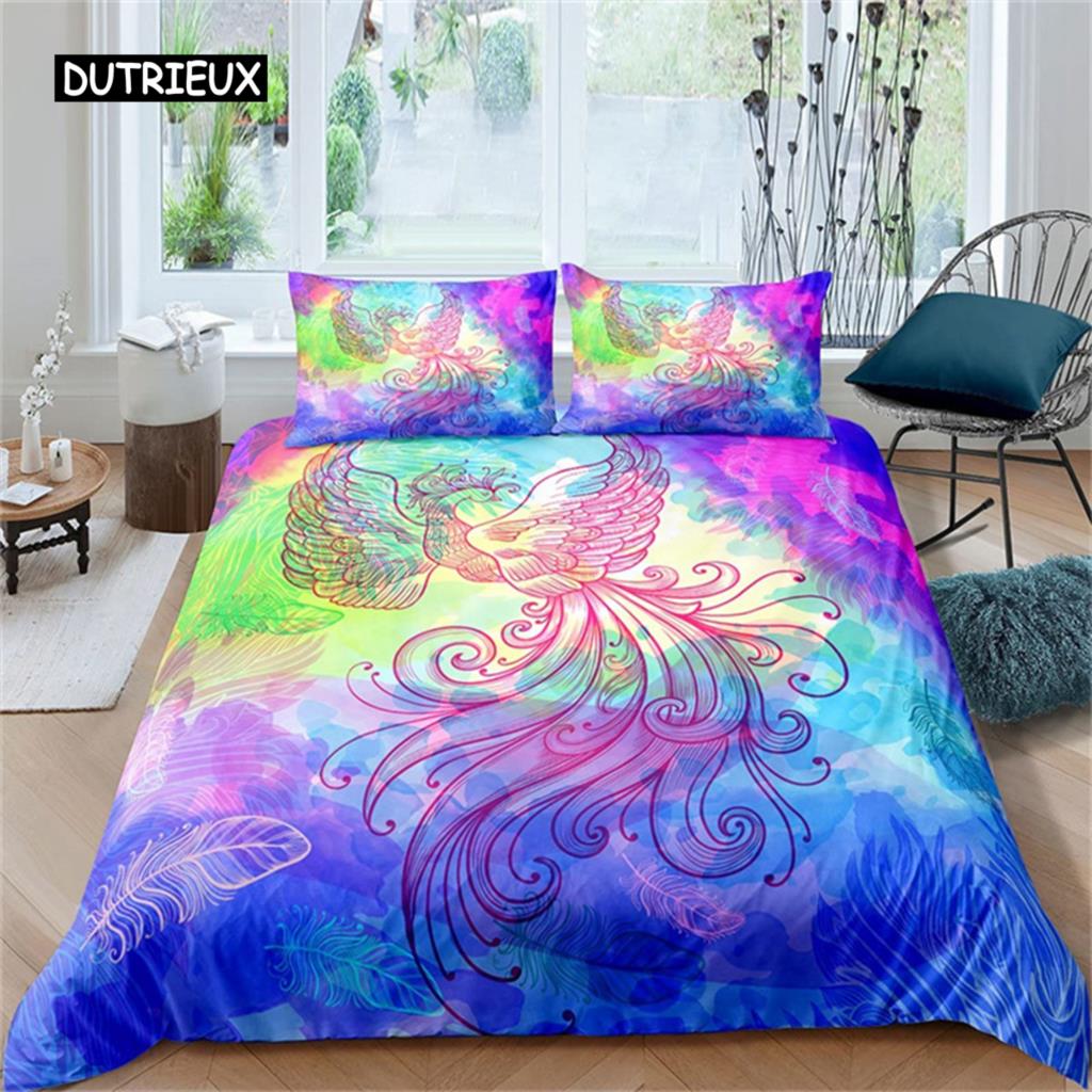 Великолепный красочный комплект постельного белья с изображением птиц из мультфильма «Феникс», комплект постельного белья из микрофибры с крыльями пламени, декор для спальни