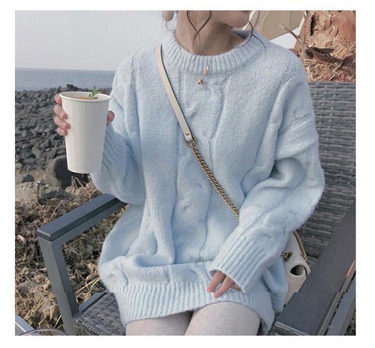 Женский мягкий голубой свитер фуфу: Свободный пуловер из воскового трикотажа для осени и зимы