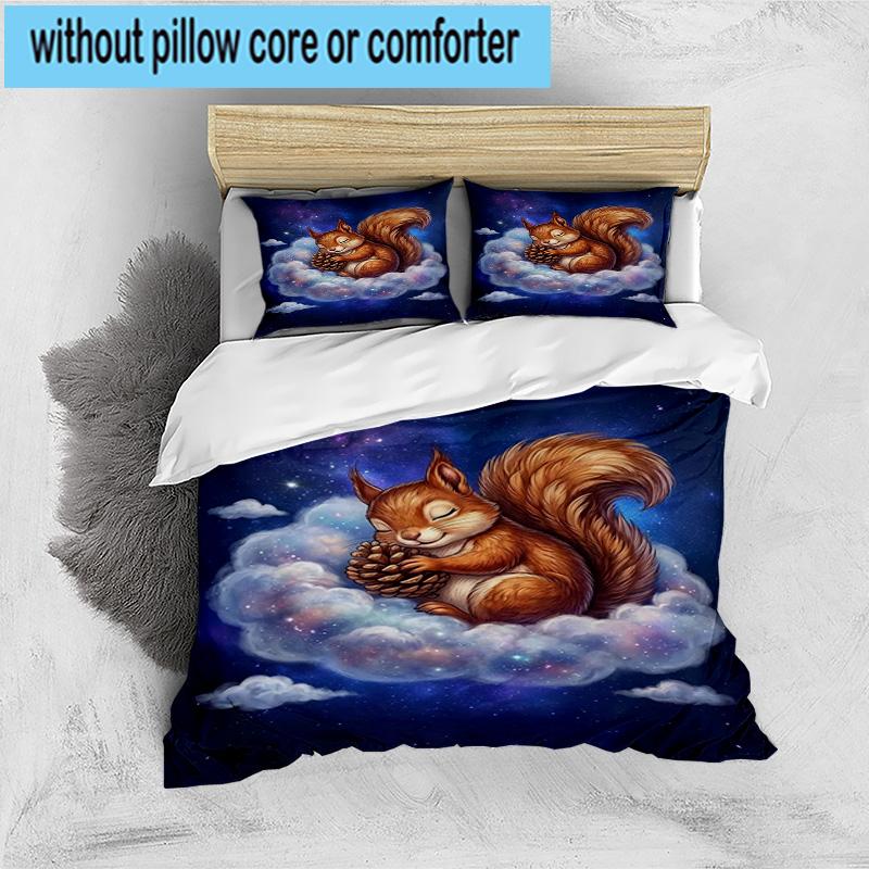 Squirrel Dreams Under Moonlight 3pcs Bedding,Including 1pc Duvet Cover And 2pcs Pillowcases Perfect for Christmas,Ideal for Bedroom, Dormitory