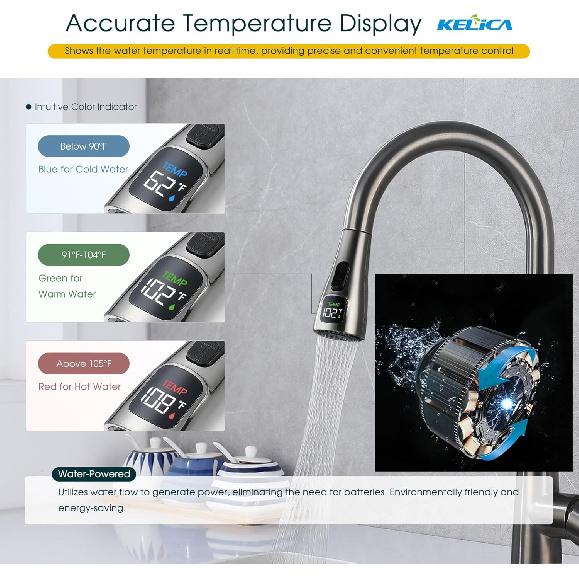 Kelica LED Faucet Head Replacement, Pull Down Kitchen Sink Faucet Head Replacement with LED Temperature Display, Kitchen Faucet Sprayer Nozzle, 2