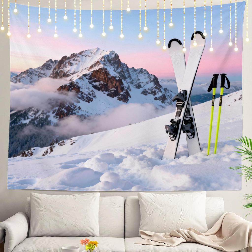 Alpine Ski Resort Tapestry Snowy Mountain Cabin With Ski Lift Print Wall Hanging Ideal For Winter Sports Lovers Bedroom Decor
