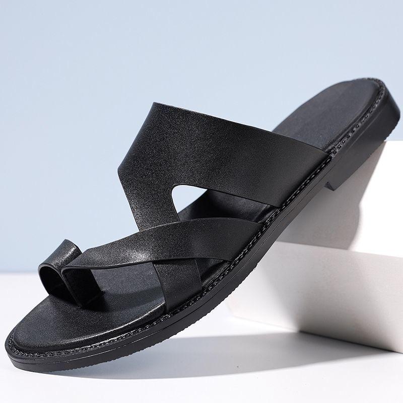 Мужские черные кожаные тапочки Простые шлепанцы Летние коричневые уличные римские сандалии Уличная пляжная обувь для отца Большого размера