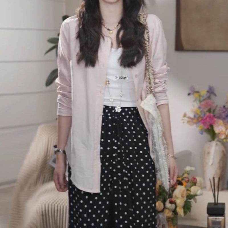 Roland Powder Mist Light Pink Polka Dot Shirt & Wide-Leg Pants Two-Piece Set - 2026 Spring High-End Style, Comfortable & Slimming.