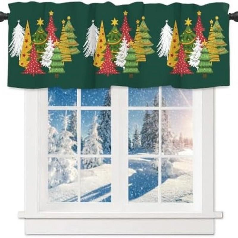 Christmas Window Valance With Rod Pocket Snowman Design Kitchen Short Curtain Festive Decor