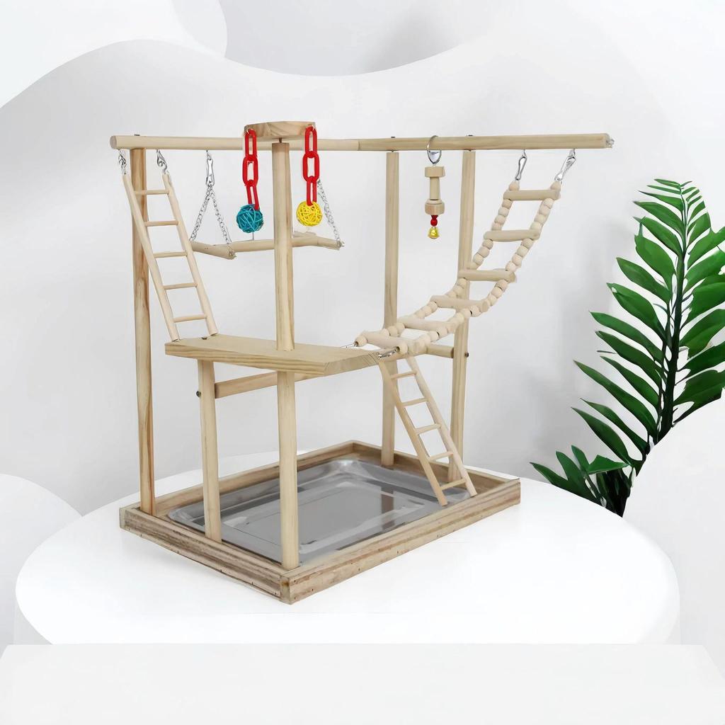 New Bird Training Stand with Toys - Solid Wood Interactive Parrot Playground
