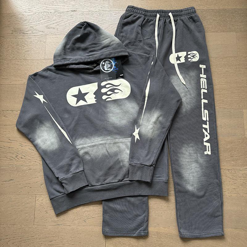 Мужской комплект: Худи свободного кроя с капюшоном и длинные штаны 'Hell Star' (Стирка, потертости)
