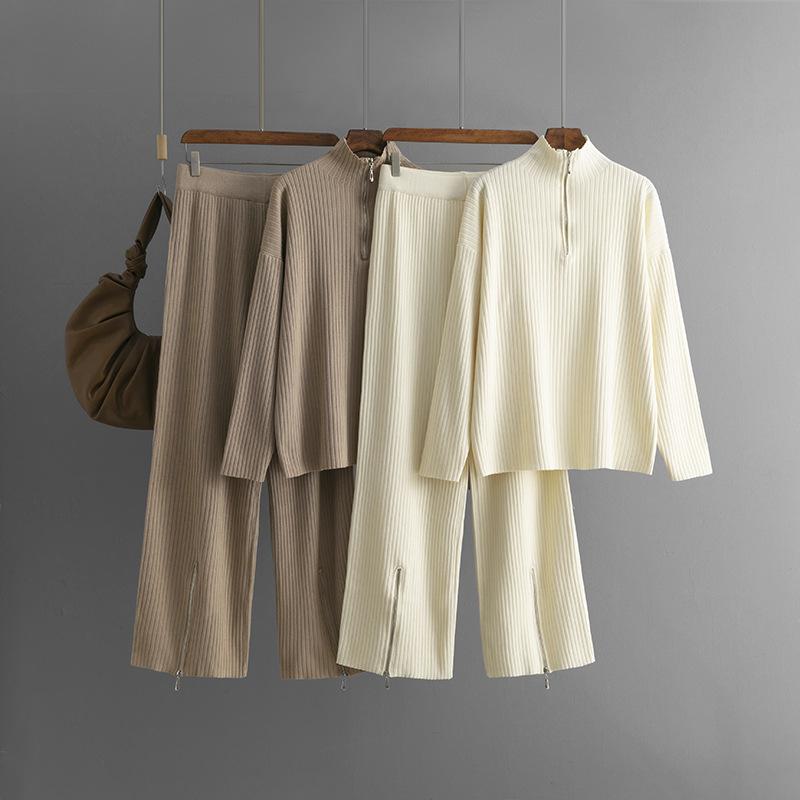 Теплый зимний свитер с высоким воротом, ребристый, однотонный, на молнии, с широкими штанами, комплект из 2 предметов для отдыха для женщин на осень 2024 года, мягкий, уютный наряд