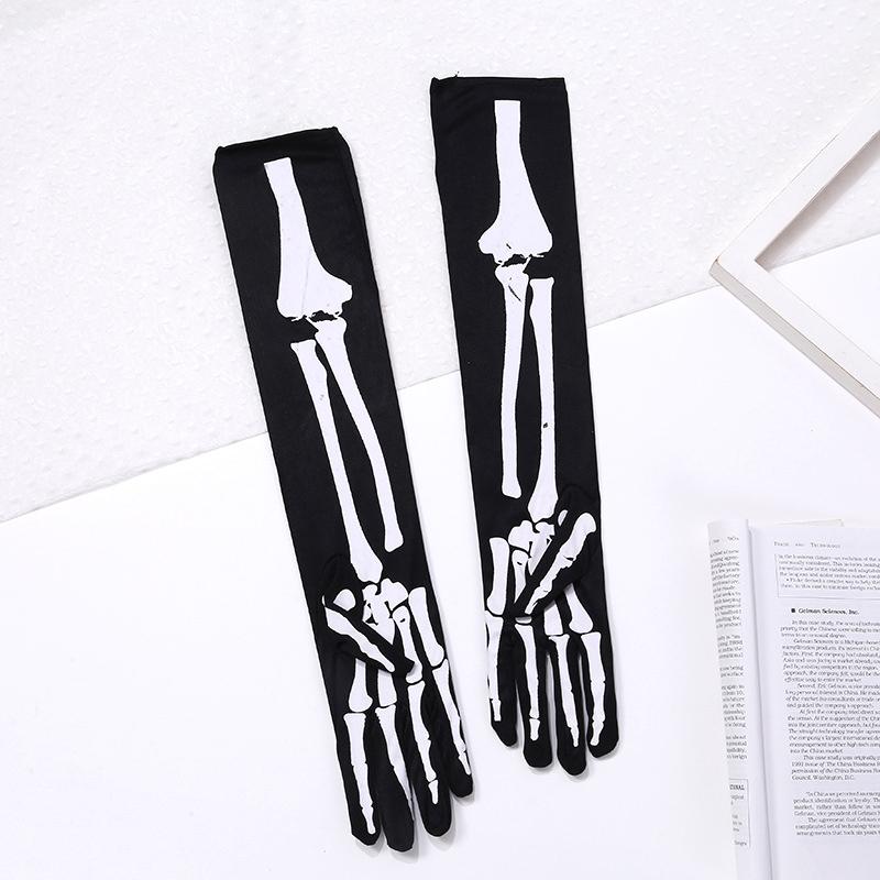 Unisex Winter Adult Halloween Skeleton Skull Full Finger Long Gloves Glow In The Dark Stretch Cosplay Goth Mittens Accessories