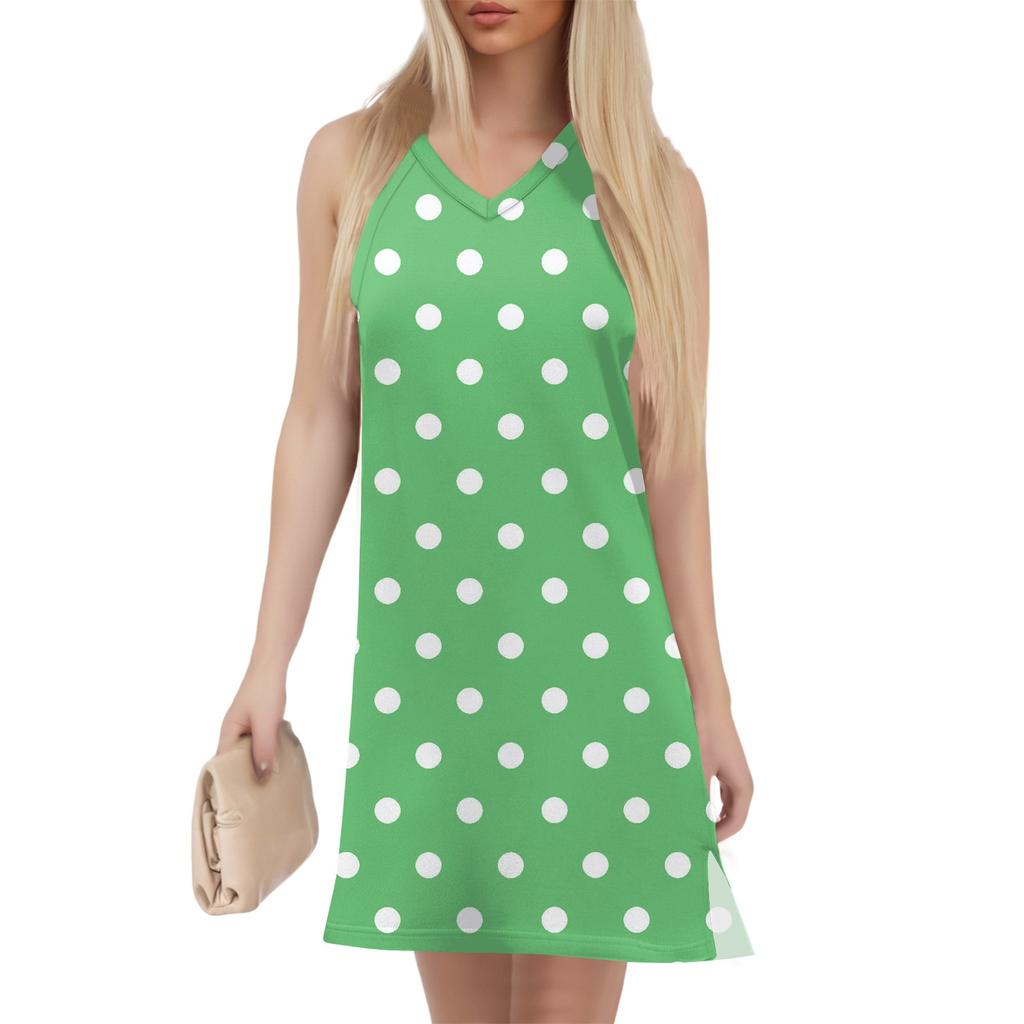 Женский летний повседневный сарафан без рукавов с принтом в горошек с V-образным вырезом для пляжного отдыха