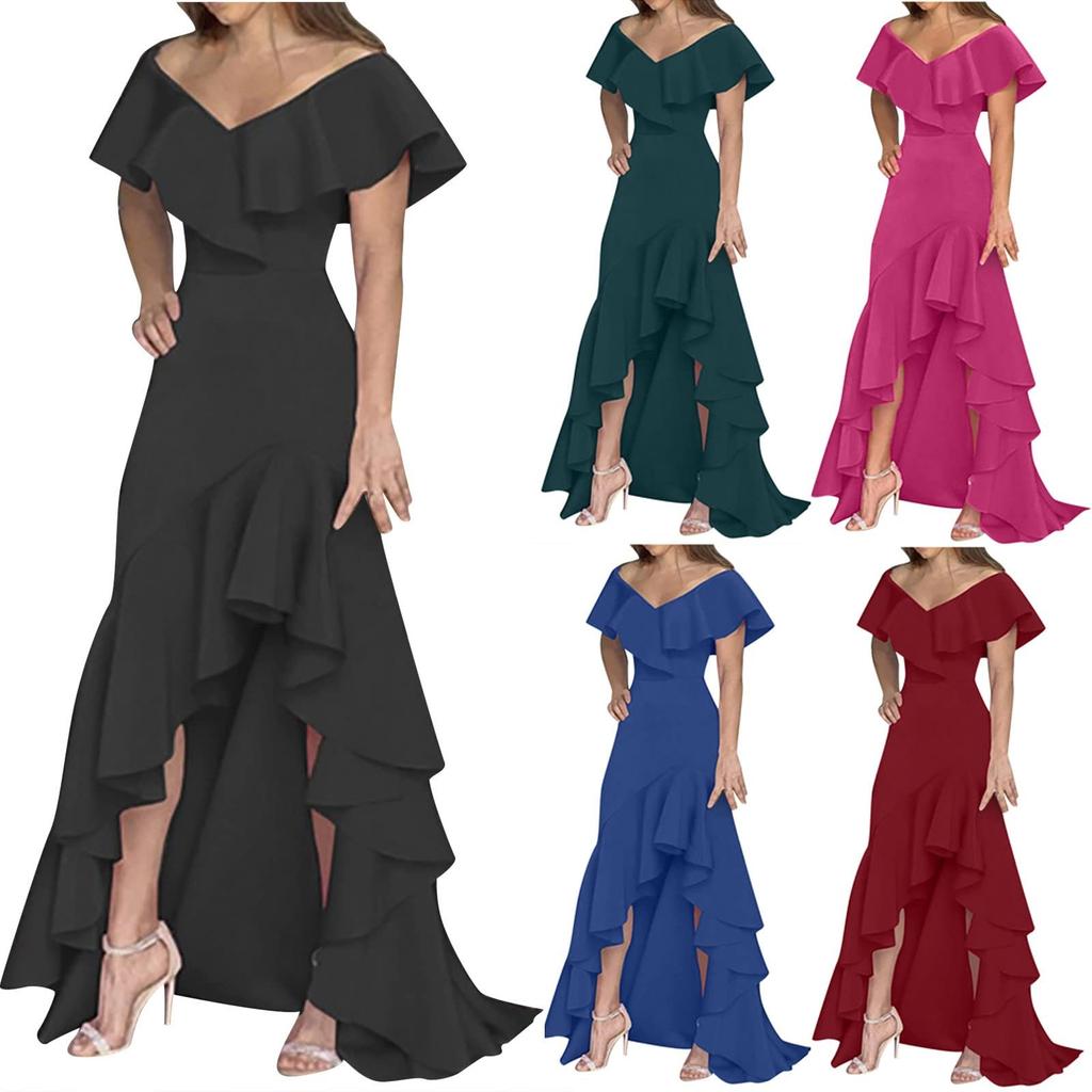 Модное женское нерегулярное элегантное платье с v-образным вырезом и рюшами