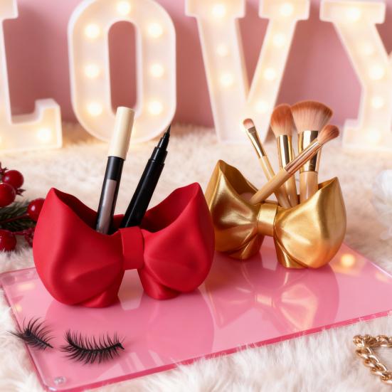 Cute Bow Toothbrush Holder Makeup Brush Organizer Bow Shaped Brush Stand Comb Pen Pencil Container for Bathroom Vanity Countertop