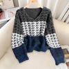 Women's V-Neck Houndstooth Knit Sweater