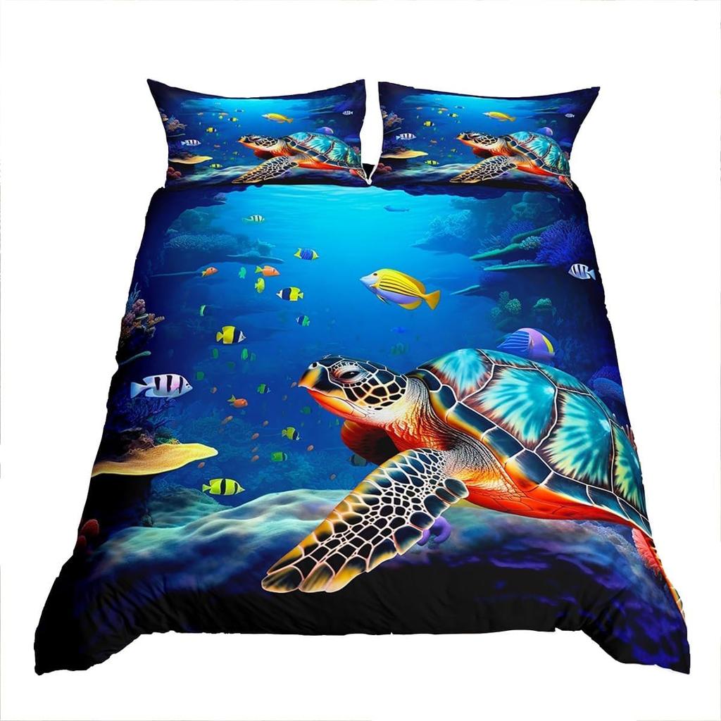 Kids Sea Turtle Duvet Cover Set Queen King Size Ocean Bedding Set Boys Girls Teens Women Men Bedroom Decor 3 Piece Set