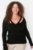 Women's Fashion Stylish Plus Size Sweater Black Slim Cut Out Detailed V-Neck Knitwear Blouse