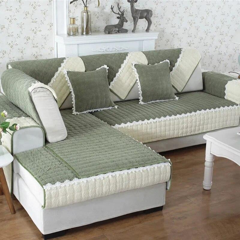 Winter Thicken Plush Sofa Cover White Wide Edge Chaise Lounge Sofa Towel Mat Modern Non-Slip Couch Cover Cushions Living Room