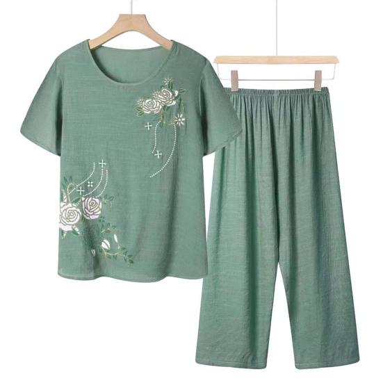 2 Pcs/Set Women T-shirt Pants Set Homewear Outfit Solid Color Floral Print Round Neck Short Sleeve Top Wide Leg Elastic Waist Loose Pants Pajamas