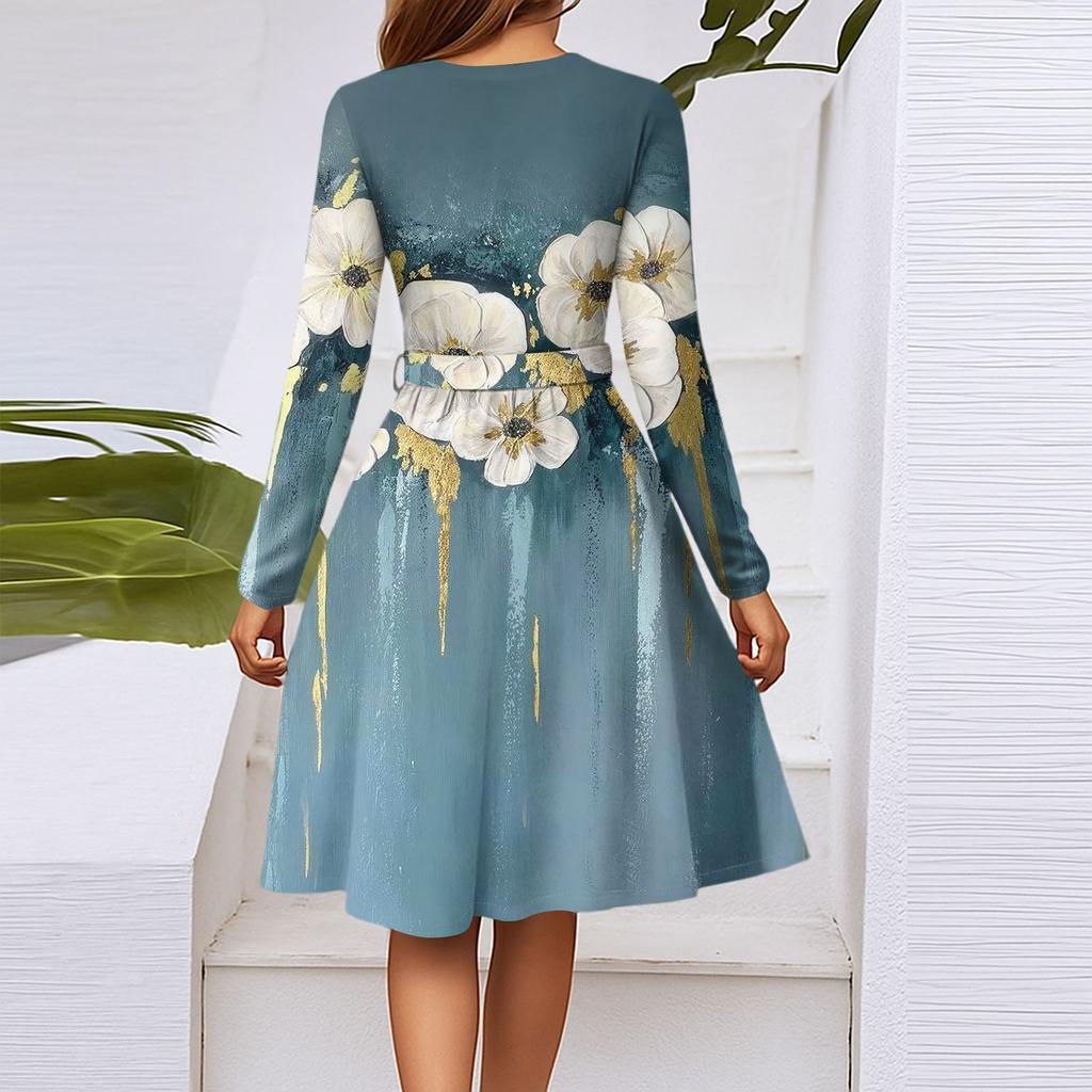 Women's Fashion Casual V-Neck Long Sleeve Waist Floral Print Midi Dress