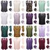 Mens Silver Blue Floral Vest Formal Tuxedo Dress Vest Silk Tie Outdoor Waistcoat
