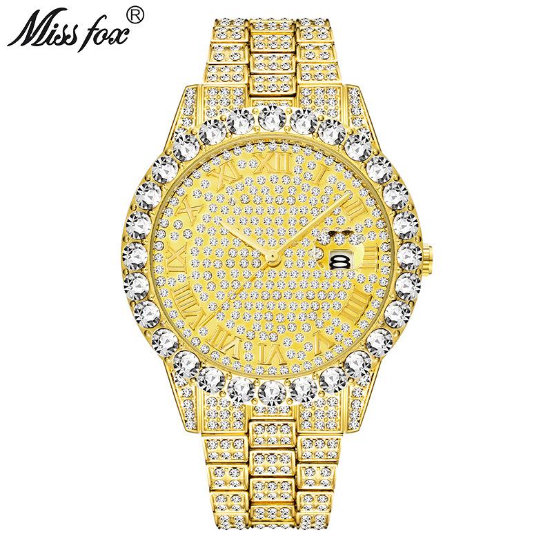 Горячие часы Hip Hop Iced Out для мужчин, бренд MISSFOX, модные блестящие кварцевые часы, роскошные наручные часы с бриллиантами