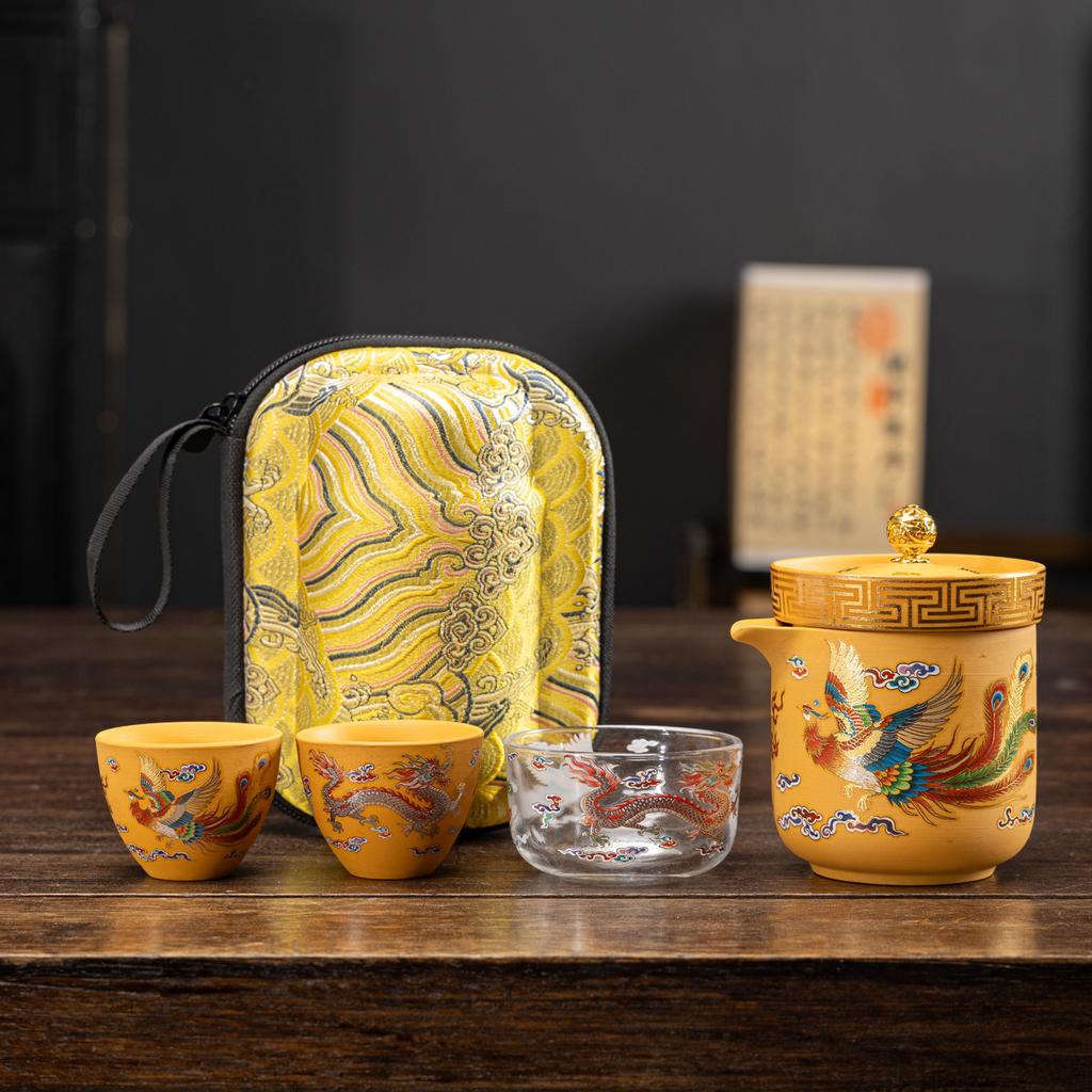 High-end gold segment mud travel tea set, express cup car camping, one pot, three cups of business gifts, souvenirs