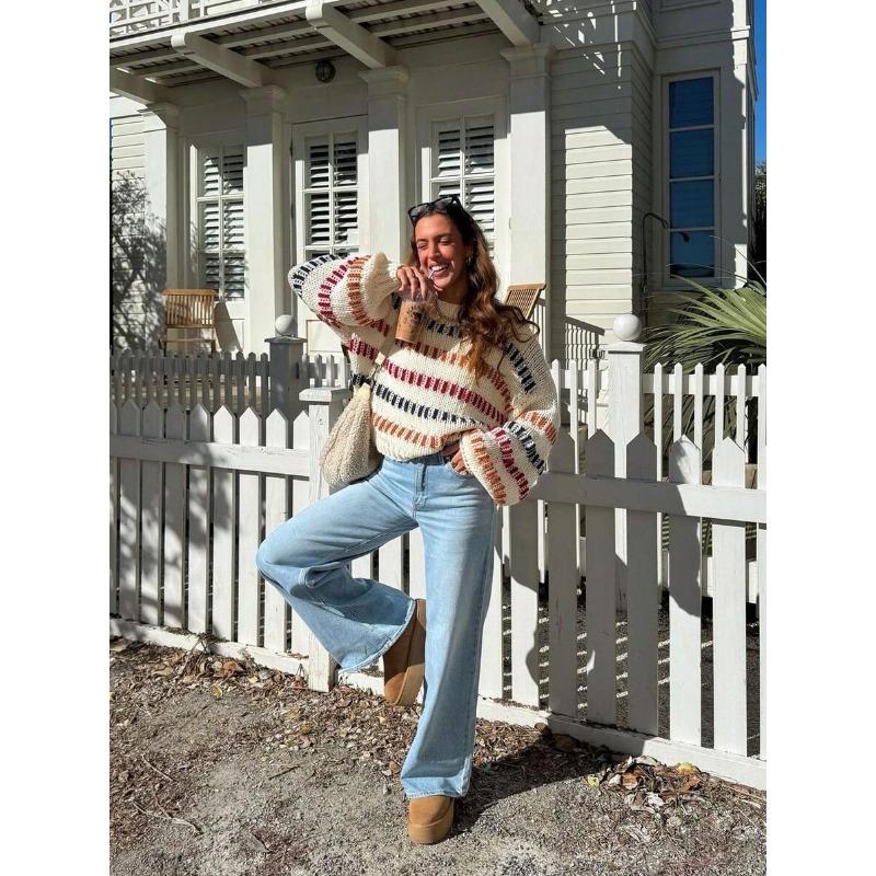 Women S Vintage Color Block Knitted Oversized Batwing Sleeve Sweater