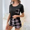 Women's Sleepwear French Two-piece Home Suit With A Short Sleeved Shirt And Checkered Pockets, Checkered Shorts Set