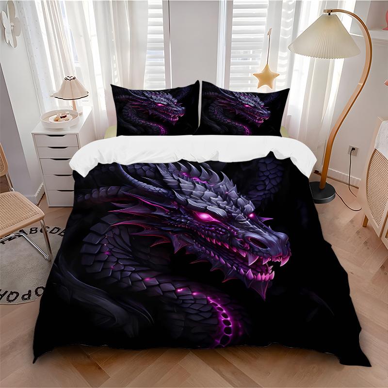 3pcs Fiery Purple Dragon Printed Quilt Set - Includes 1 Quilt Cover and 2 Pillowcases, Machine Washable - Suitable for All Seasons.H035