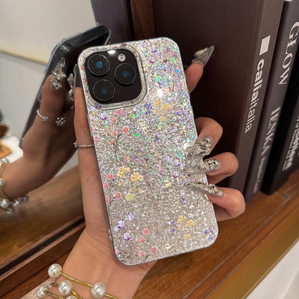 Fresh Flower Background Case for iphone XS Max 18 Pro Max XR 13 11 15 14 17 Pro Air 16 Plus 12 Silver Crushed Foil Cover