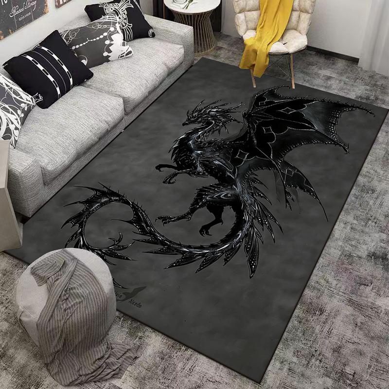 Black Dragon Pattern Carpet with Wings Design on Dark Gray Background Suitable for use as an anti-slip for living room bedroom sofas