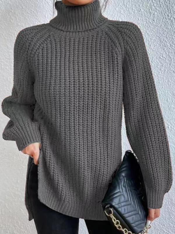 autumn and winter medium and long knitted sweater with shoulder sleeves and high lapel neck split ends. European and American sweaters and tops fo