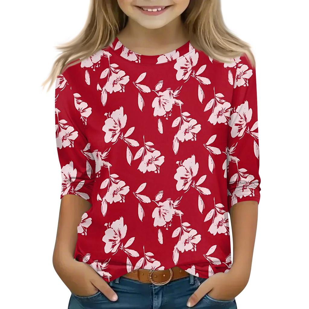 Детская футболка с рукавом 3/4, повседневная футболка с принтом, круглый вырез, блузка-пуловер