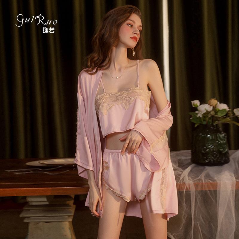 Women's Silky Crop Top Cami Shorts and Robe 3-Piece Lounge Set