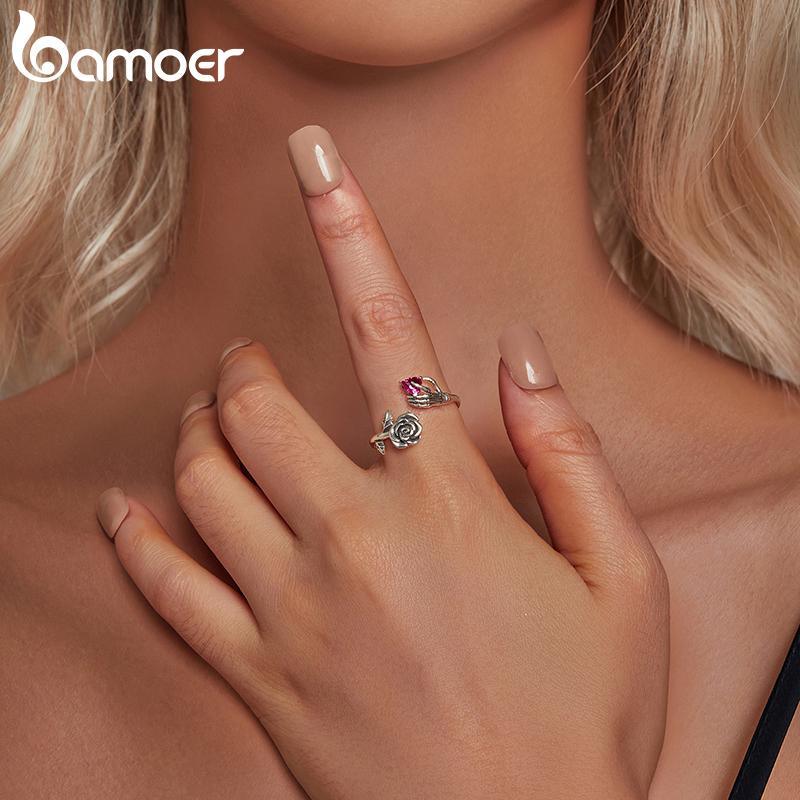 BAMOER 925 стерлингового серебра роза скелет рука открывающееся кольцо кубический цирконий винтажное кольцо окисленное серебро для женщин ювелирные изделия
