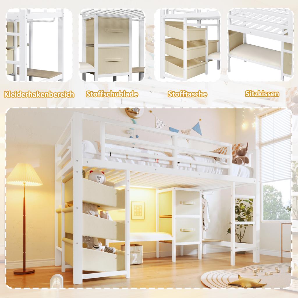 90*200 cm, half-high bed, seat cushion, fabric storage drawer, storage bag, multicolor LED lighting, clothes hook, metal, without mattress, white