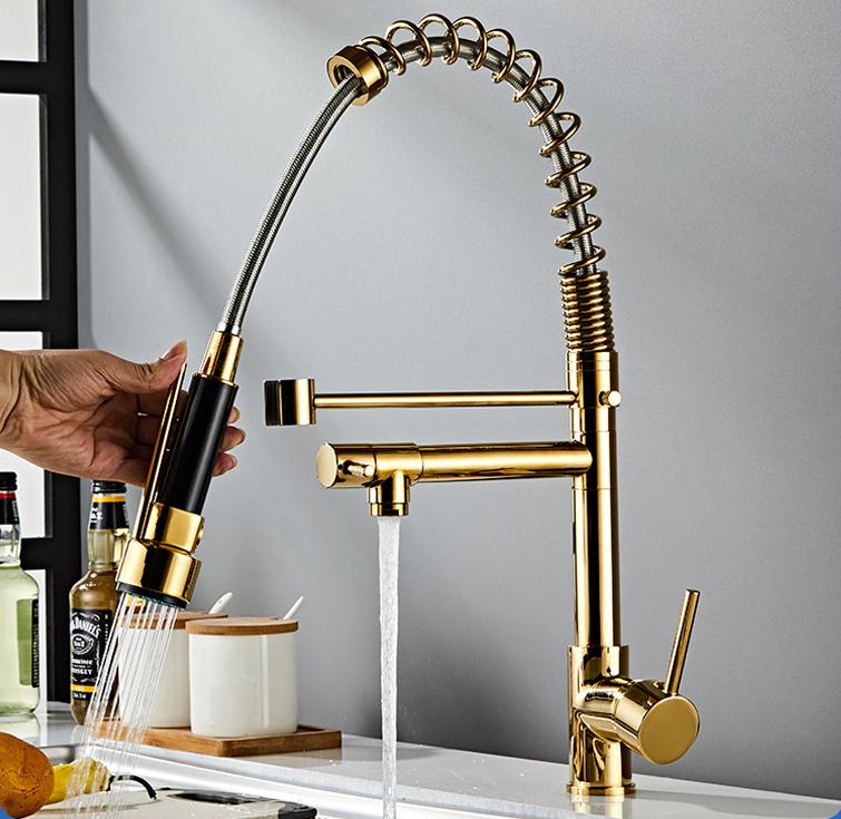 Chrome Spring Kitchen Faucet Pull Down Dual Spouts 360 Swivel Handheld Shower Kitchen Mixer Crane Hot Cold 2 Outlet Spring Taps