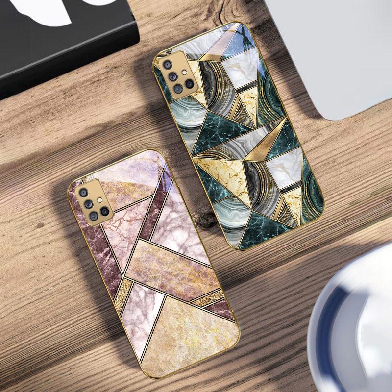 Текстура голубого мрамора Для Samsung A 01 52S A04 A05S A10 A12 A13 22 23 24 36 42 M02 Note 10 20Ultra 8 9 Золотой стеклянный чехол для телефона