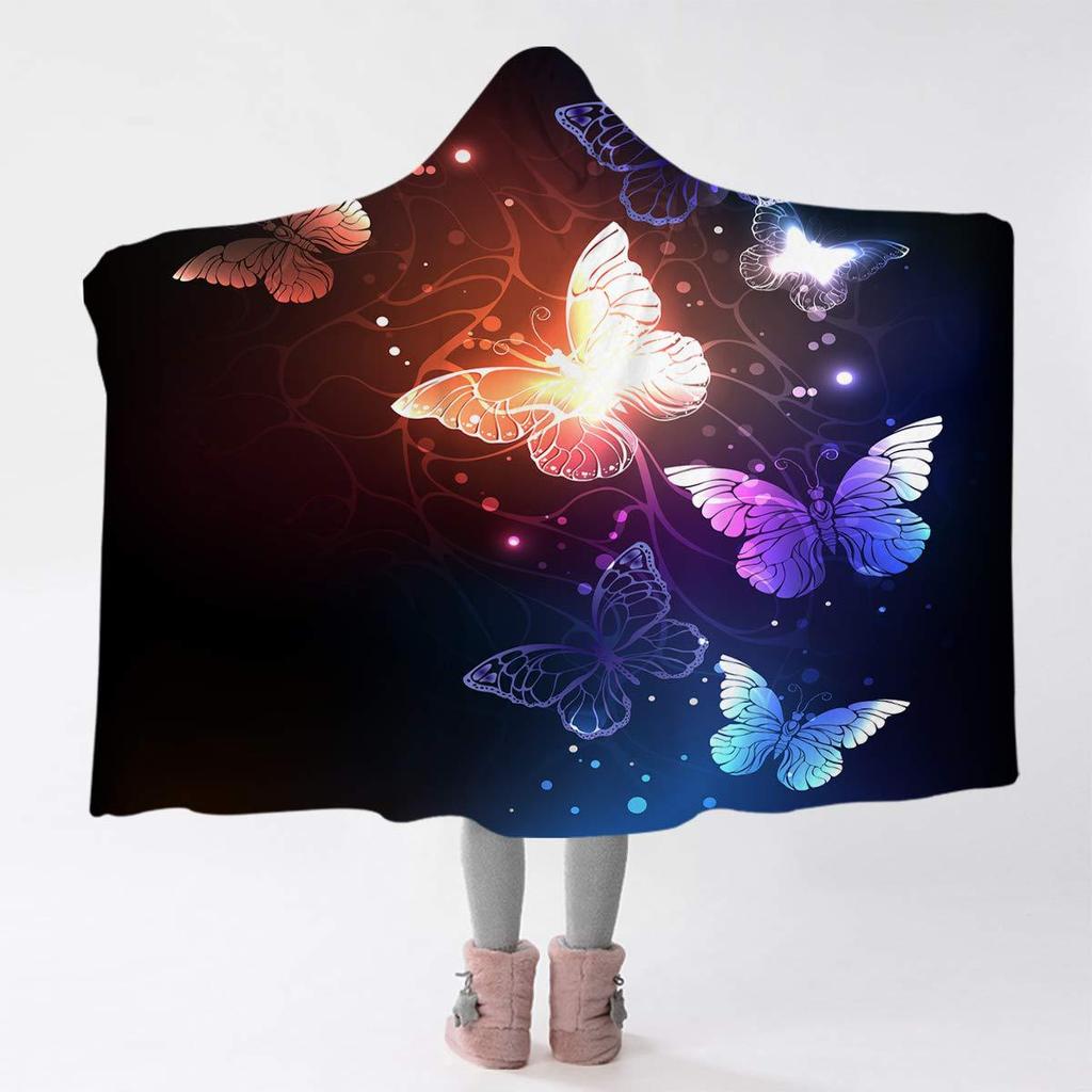 Butterfly Black Purple Soft Flannel Thermal Hooded Blanket Home Outdoor Office Essential Blanket