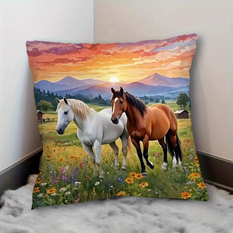 1Pc Two Horses In Prairie Sunset Printed Throw Pillow Cover, Suitable For Sofa, Bedroom, Living Room, A Gift For Horse Lovers.