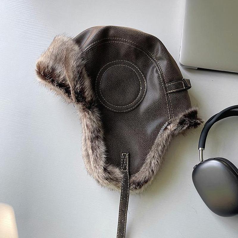 1Pc Men Women'S Pilot Aviator Bomber Trapper Hat Faux Fur Leather Snow Cap With Ear Flaps Pilot Winter Bomber Hat Ushanka Hat