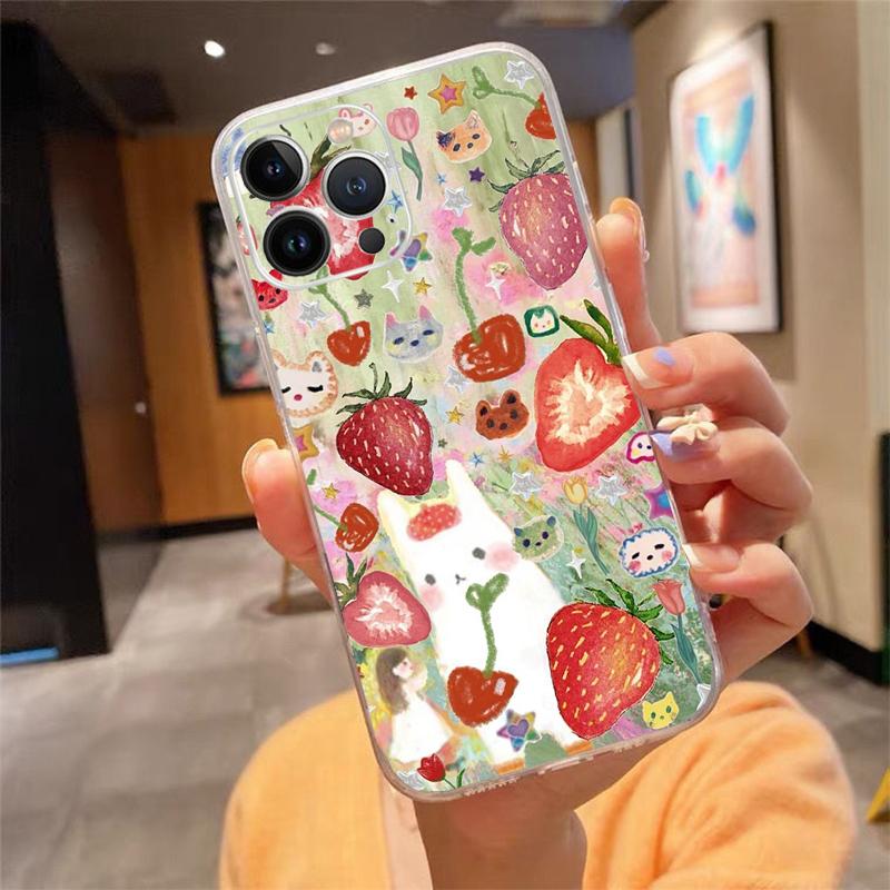 Чехол для телефона Для iphone 17ProMax 17 Pro Air 16 15 14 13 Pro Max 16 15 14 13 Pro 15Plus Клубника Фрукт Кошка