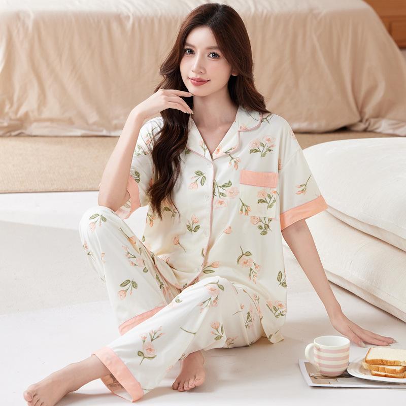 High-value pajamas women's spring and summer thin imitation cotton short-sleeved trousers middle-aged mother casual loungewear suit