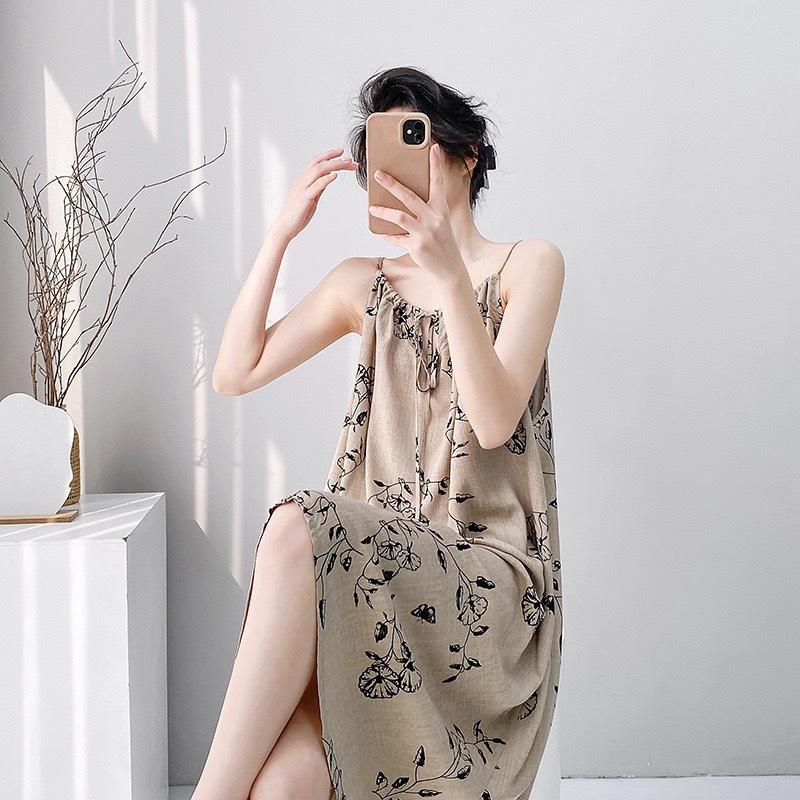 Suspender nightgown women's summer sexy long can wear cotton silk pajamas spring and autumn thin high-end loungewear