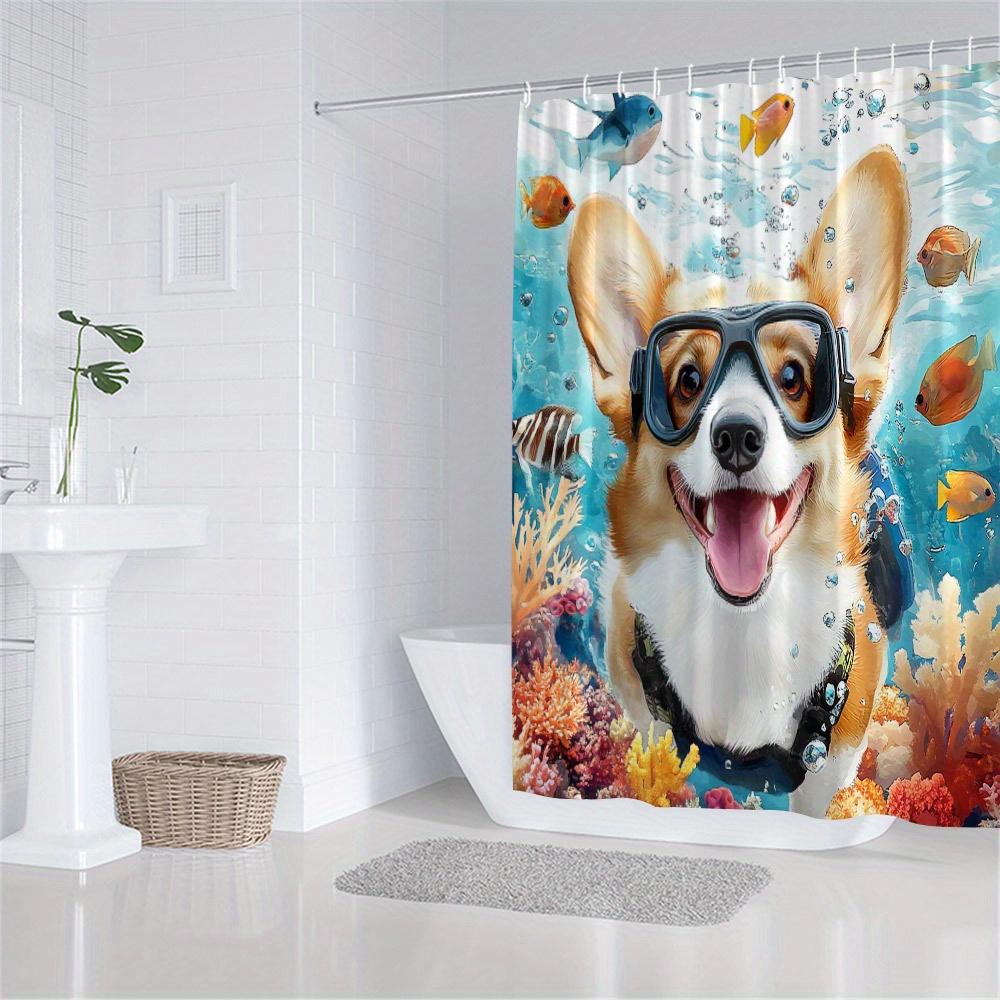 Corgi Scuba Diving Shower Curtain Playful Corgi Tropical Fish Coral Reefs Colorful Design Polyester Washable With Hooks
