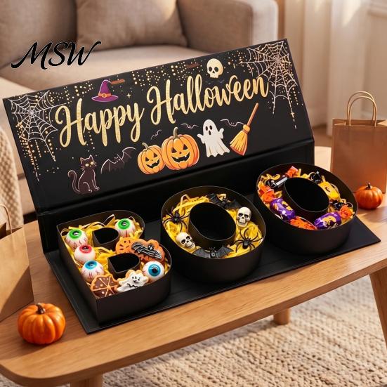 Reusable Holiday Gift Boxes Happy Halloween Candy Box, BOO Letter Shaped Treat Container with Party Favor Holders Ribbon, Paper Sweet Holder,