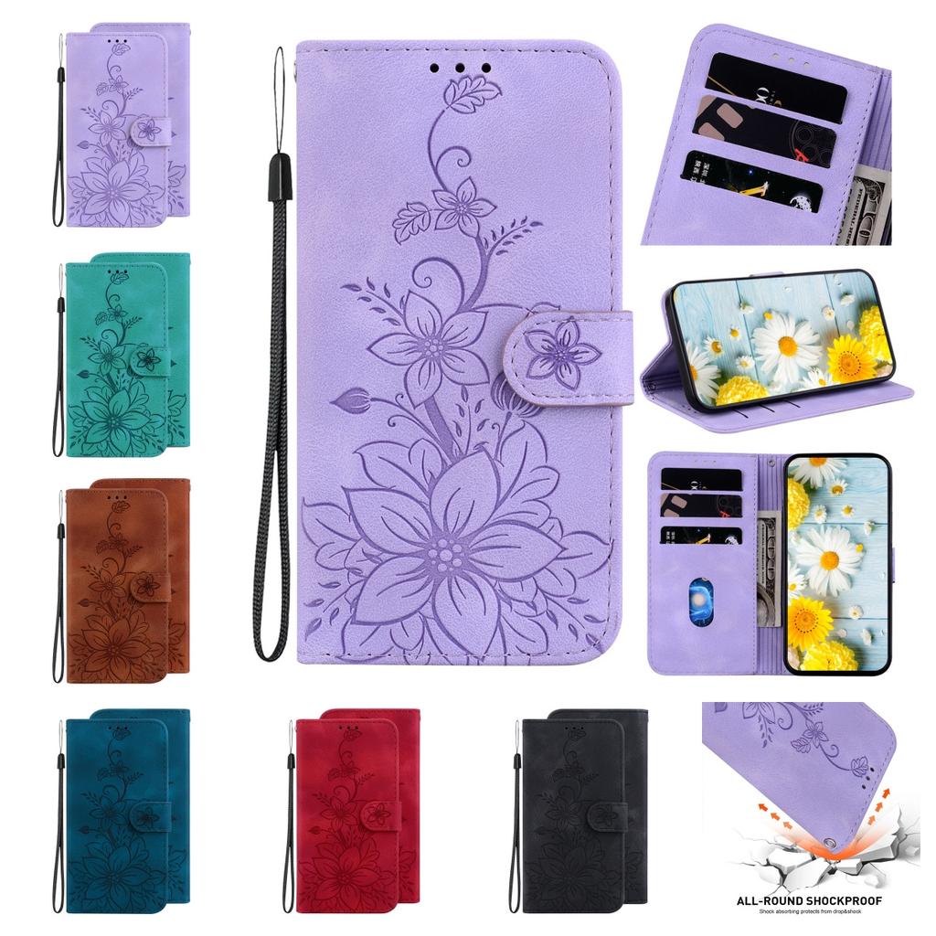 For Huawei Honor Series,nova Series,Mate Series,Y Series,P Series,Enjoy Series.Embossing Process Lily Flower Wallet Leather Flip Cover Case