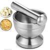 Double Stainless Steel Metal Mortar Salt And Pestle Pedestal Bowl Garlic Press Pot Herb Mills Pepper Spice Grinder Pot Kitchen