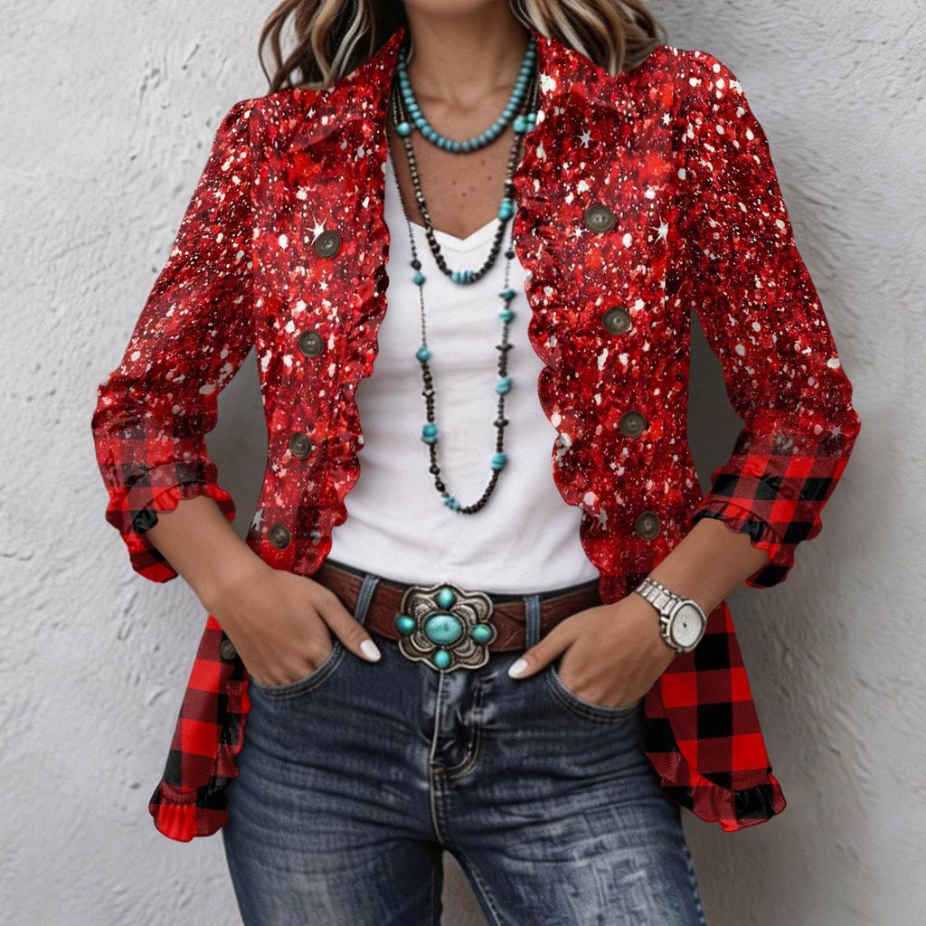 Women's Casual Floral Print Long Sleeve Ruffle Button-Down Shirt Jacket for Spring and Fall