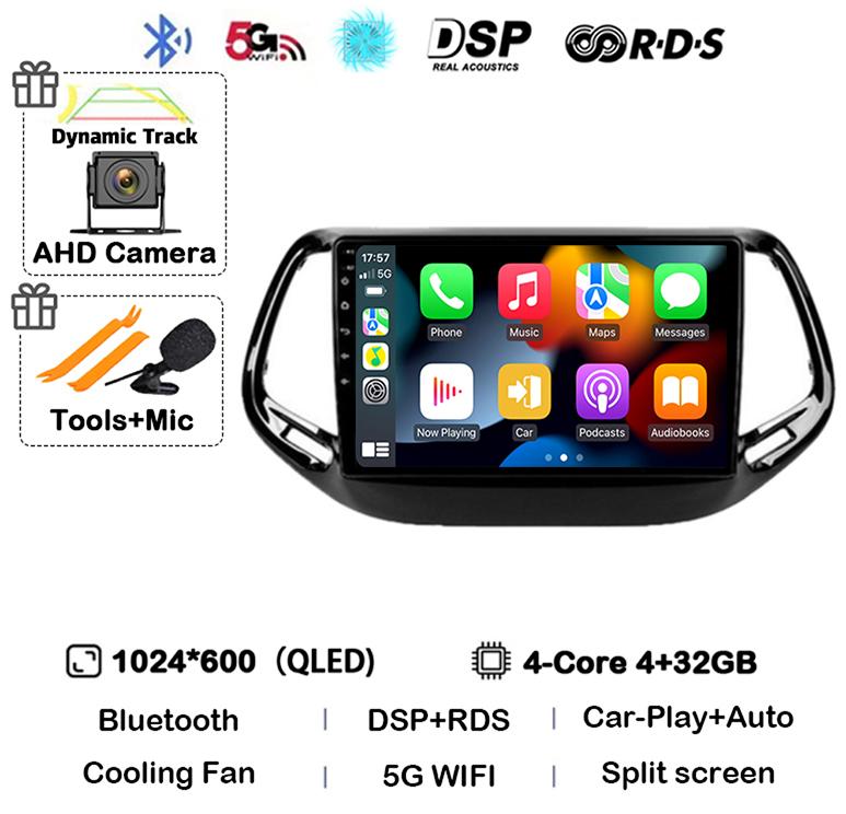 Android 14 Автомагнитола Carplay Auto для Jeep Compass 2017 2018 2019 GPS Навигация Стерео Мультимедийный Видеоплеер Камера 360 WIFI